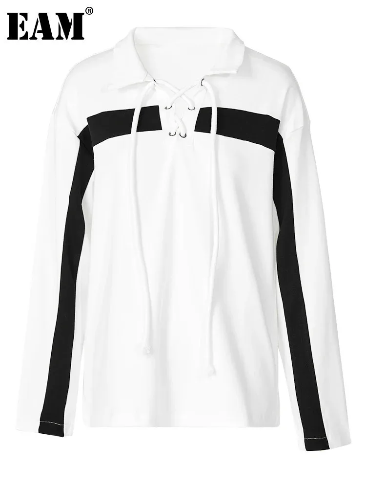 

[EAM] White Color-block Drawstring Sweatshirt New Lapel Long Sleeve Women Big Size Fashion Tide Spring Autumn 2024 1DF8062