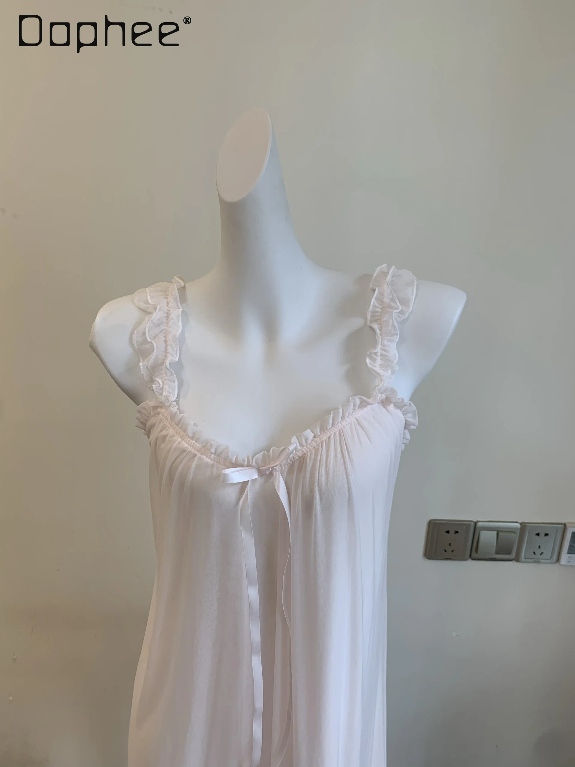 

Super Soft Modal Slip Nightdress Fairy Mesh Lace Ruffle Sweet Bow Backless Square Collar Sleepshirts Pink Homewear Cute