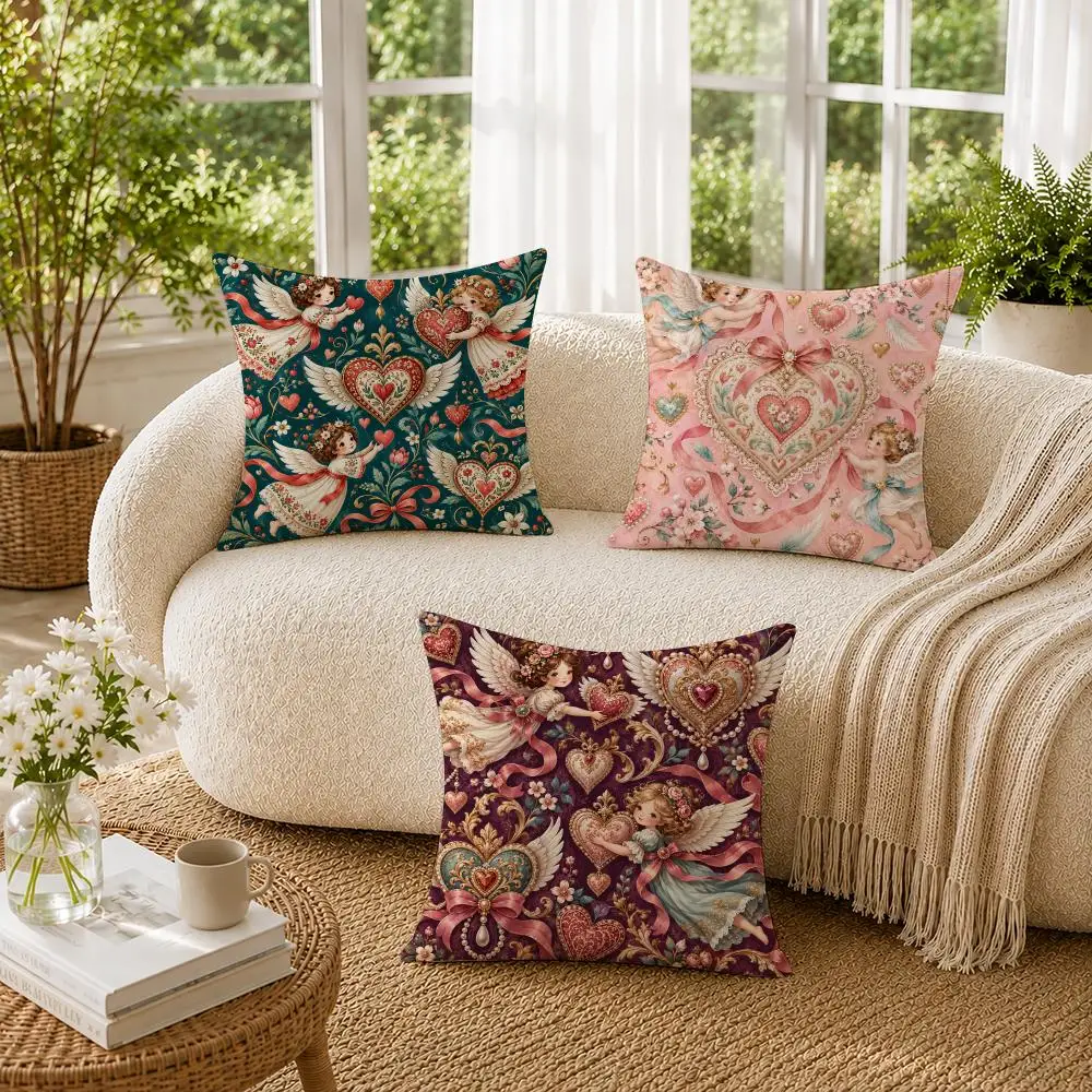 Boho Vintage Angels Hearts Romantic Cushion Cover Soft Pillow Cases Hidden Zipper Cutecore Sofa Bedroom Home Decor Gift