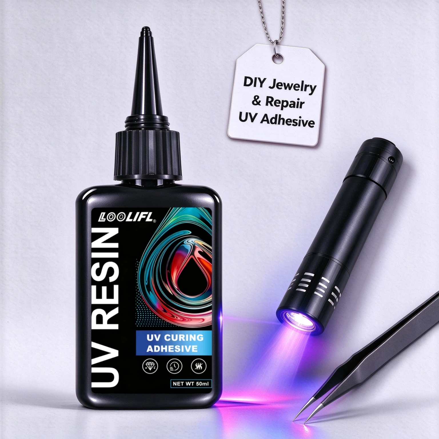 Loolifl 50ml Uv Resin Traceless Glue, High Transparency Uv Curing Glue, Comes with a Mini Uv Lamp, Suitable for Glass, Crystal, Acrylic, Metal, DIY Jewelry Repair, Fast Curing, High Hardness, Waterproof