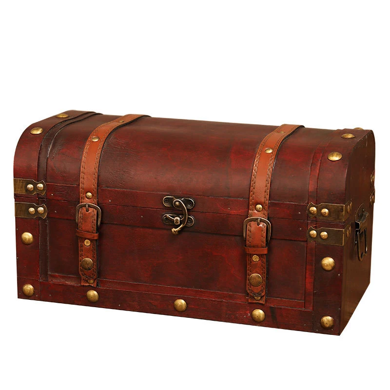 

European Retro Wooden Box Red Leather Vintage Treasure Chest Jewelry Storage Box Photography Props Home Decoration