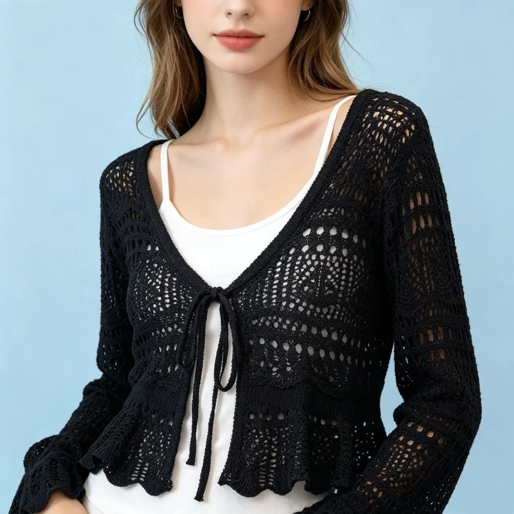 Tie Front Cardigan Women Nightlife Cocktail Soiree Disco Neon Obsidian Hollow Out Knitted V Neck Long Sleeve Scalloped Hem Star