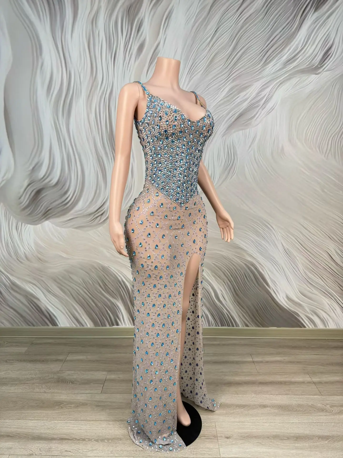 Hupo Luxury Women Party Evening Gowns Blue Diamond Suspender Dress Bespoke Occasion Dress Wedding Birthday Cocktail Prom Gowns