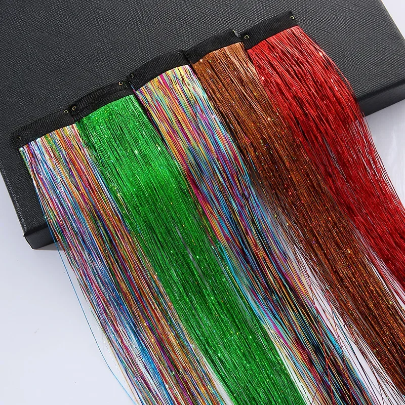 93cm Sparkle Hair Tinsel Rainbow Colored Strands Girls Headwear Hairbinge Hair Laser False Hair Extensions Decor Glitter Strips