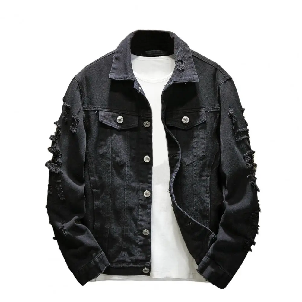 Jean Jacket  Ripped Hole   Denim Jacket Pure Color Single Breasted Coat