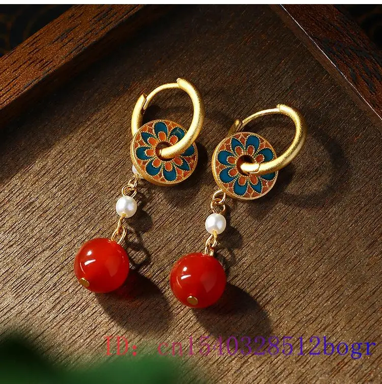 Red Real Jade Bead Earrings Women Natural Jewelry 18K Gold Plated Accessories Fashion Gemstone Gifts Designer Flower Carved