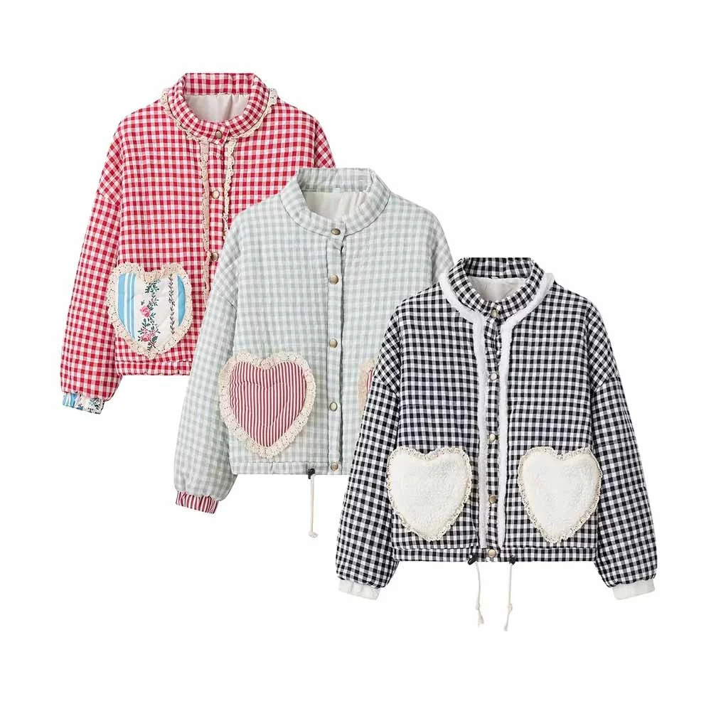 New autumn and winter fashion casual women\'s clothing temperament simple and versatile lace plaid cotton coat jacket