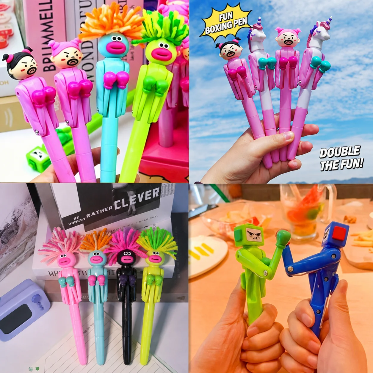 Interactive Boxing Fidget Ballpoint Pen, Funny Fluffy Hair Punching Novelty School Stationery for Students