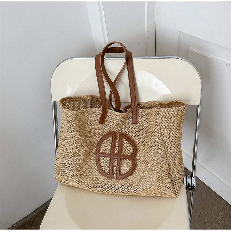 Straw Hollow Out Knitting Tote Bag Large Capacity Handmade Shoulder Handbag Women 2023 Designer Casual Beach Bag Ethnic Style