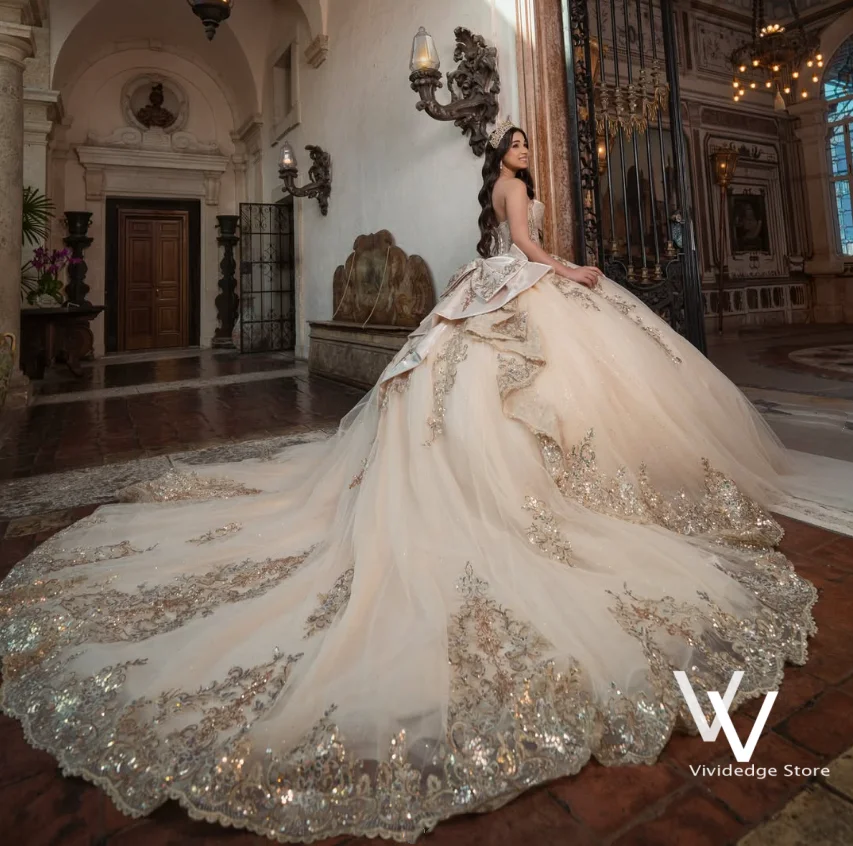 Champagne Gold Quinceanera Dresses Sweetheart Corset Bodice 3D Floral Sequin Tulle Ball Gown For Sweet 16 Birthday Customized