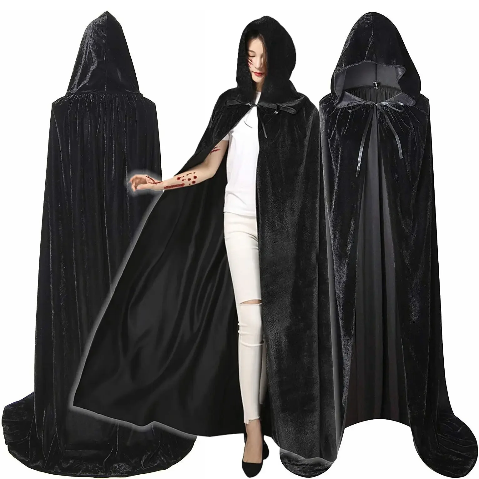 Halloween Hooded Velvet Cloak Robe Cape Medieval Witchcraft Cape Cosplay Costume