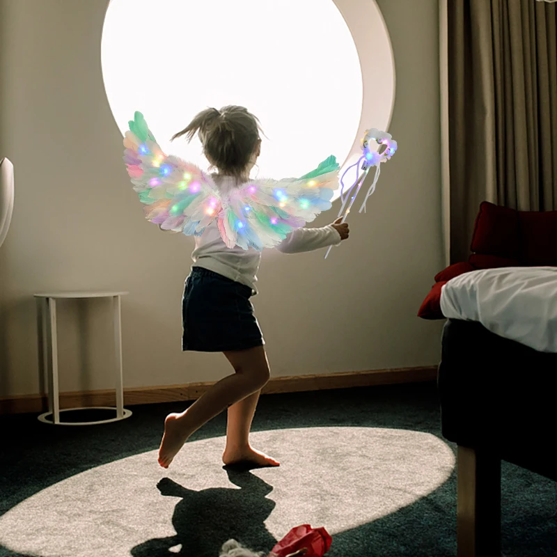 LED Lights Angel Feather Wings Women Child Girls Photo Props Performance Costume Wedding Birthday Gift Party DIY Home Decor