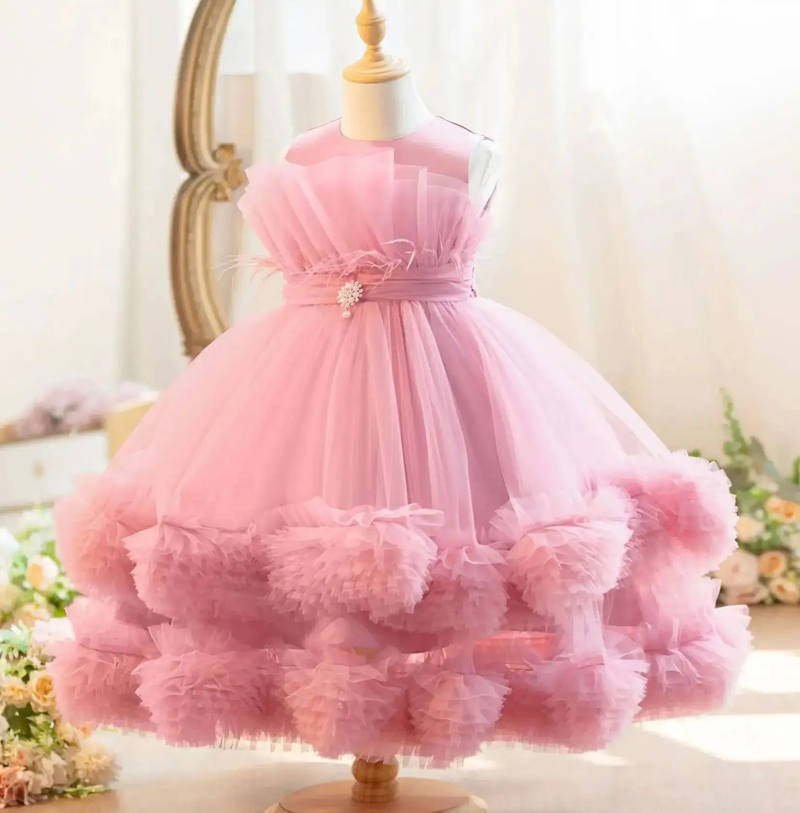 Sukienka dla dziewczynki na wesele, tiulowa, warstwowa, księżniczka, biała odzież dziecięca