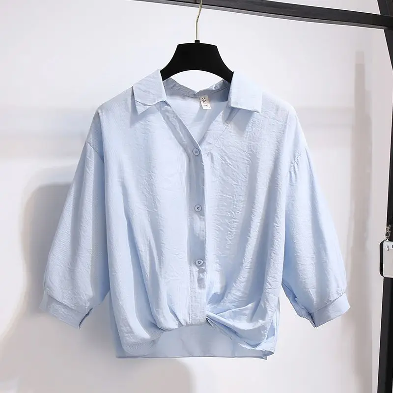 

Office Lady Asymmetrical Blouse Summer New Polo Neck Half Sleeve Solid Loose Casual Shirt Tops Vintage Elegant Women Clothing