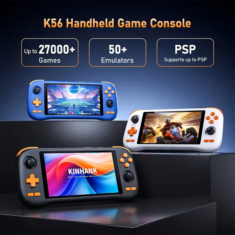 K56 Android 14 portable gaming console with 5.5-inch touchscreen and over 50 retro video game emulators for DC/MAME/SS/PSP