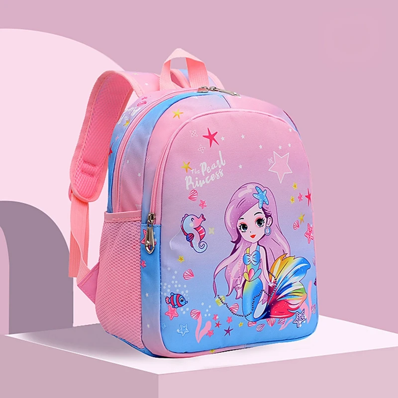 Mochila cor gradiente para crianças pequenas e meninas, desenho animado animal sereia padrão, jardim de infância escola primária mochilas