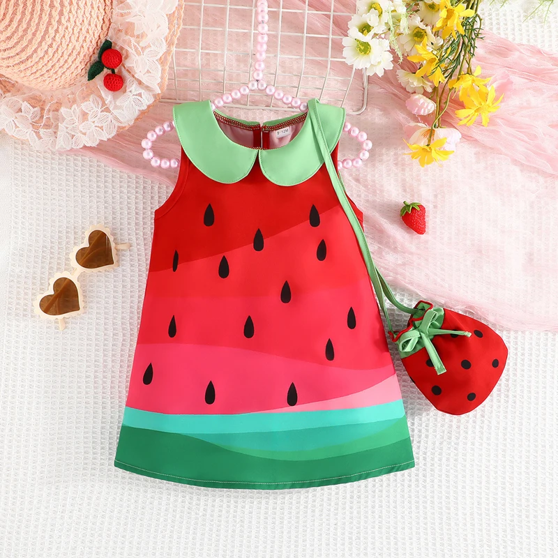 

0-3Y Baby Girls Dress Watermelon Print Doll Collar Sleeveless Casual Dress Summer Fashion Girls Princess Dress with Bag Costume