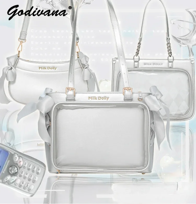 Original Y2k Itabag Bag Sweet Cool Teenager Women's Ribbons Lolita Silver Crossbody Bag Large Capacity Shoulder Backpacks