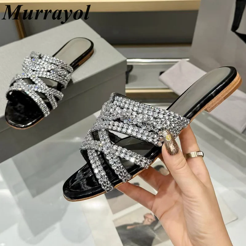 

New Rhinestone Decor Flat Slippers Women Open Toe Weaving Design Sandals Summer Vacation Shoes Dress Shoes Wedding shoes