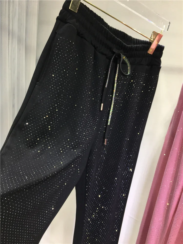 Babysbreath pantalones brillantes de perforación en caliente para mujer, Pantalones rectos de cintura alta, elásticos con cordón, pierna ancha que