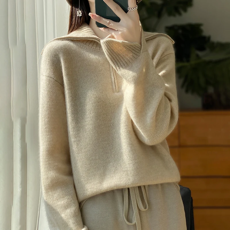 

Autumn and Winter 100% Wool Sweater Women's Lapel Half Open Zipper Solid Color Loose Knitted Long Sleeve Pullover Sweater New