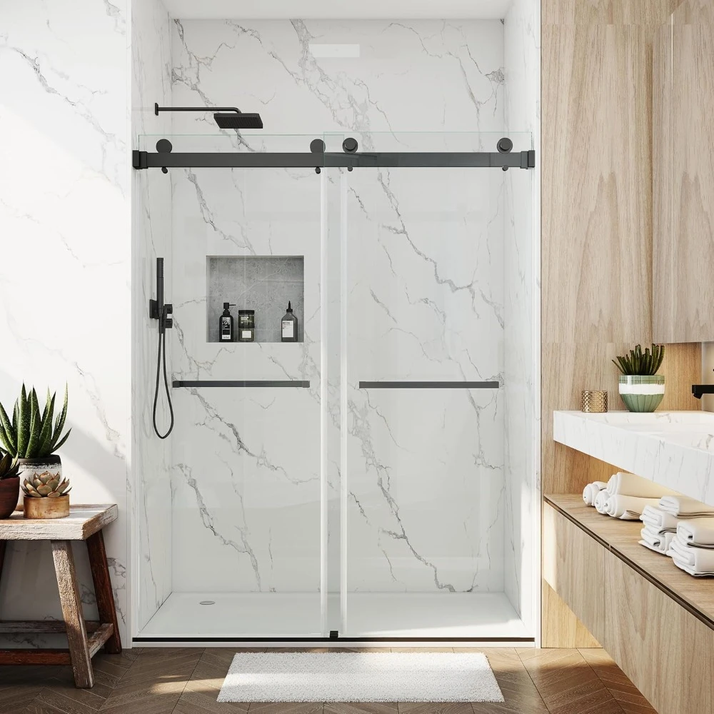 

Frameless Shower Door, 56“-60” X 72“, Dual Sliding Glass with 3/8” (10mm) SGCC Tempered Glass, Sliding Shower Door