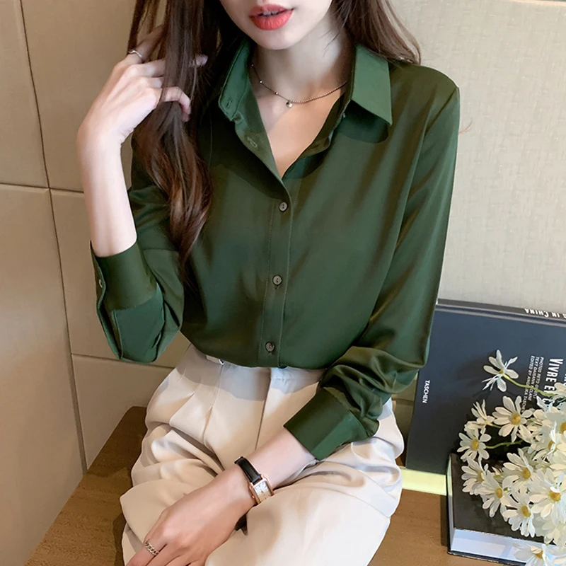 Elegant Satin Blouses Women 2023 Suit Shirts Office Lady Work Wear Shirts Green White Tops Femme Blusas Long Sleeve Clothings