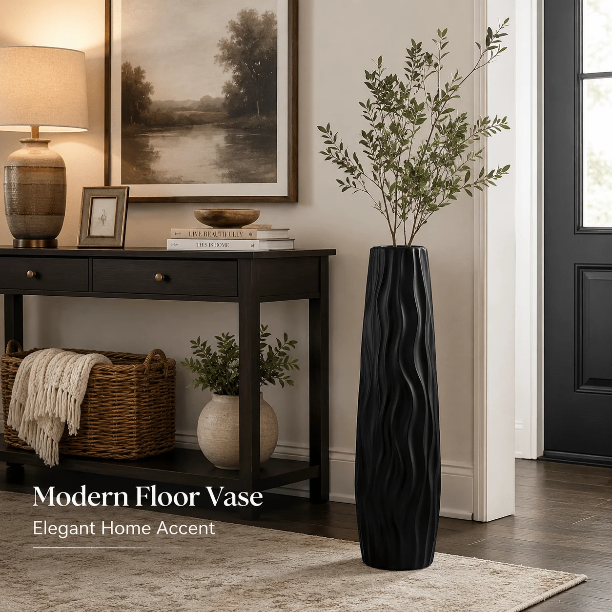 22.83inch Tall Large Black Plastic Floor Vase, Modern Wavy Textured Flower Vase, Shatterproof Decorative Statement Ornament for Living Room, Entryway, And Home Decor