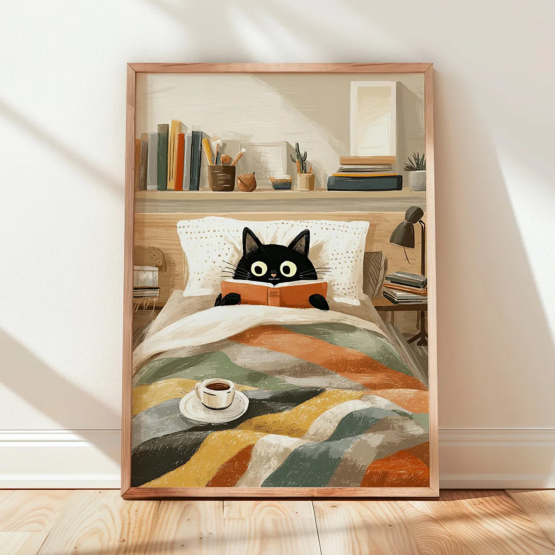 Black Cat Reading Print, Cozy Bookworm Bedroom Poster, Whimsical Literary Nook Decor