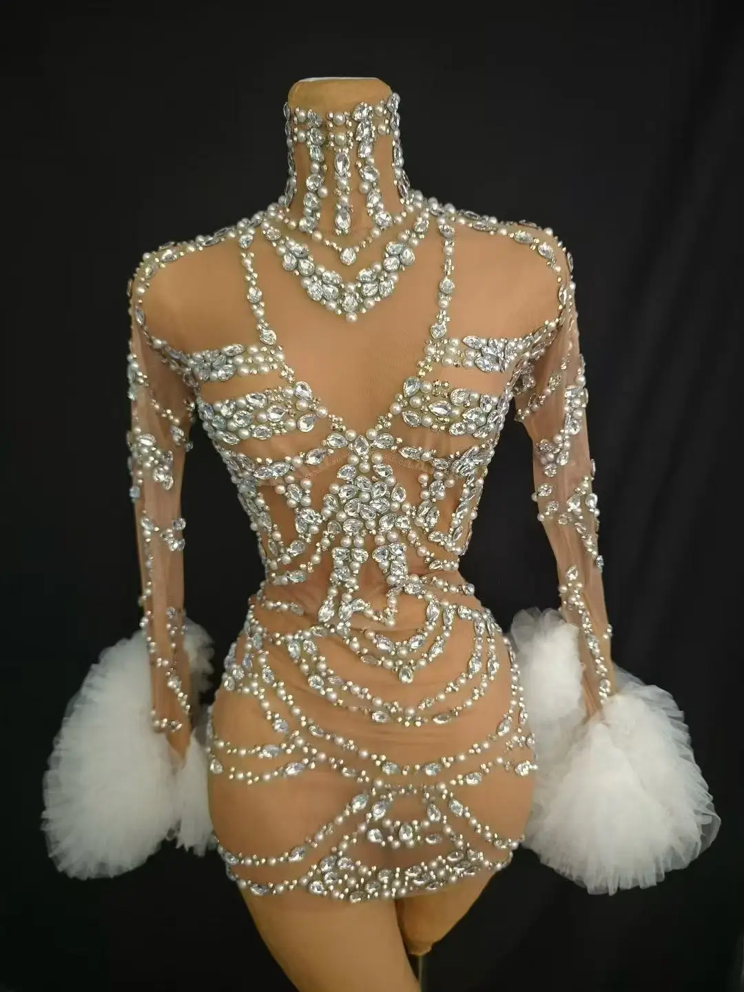 Sparkly Rhinestones Pearls Short Dress Women Sexy Transparent Birthday Celebrate Evening Dress Stage Wear Photoshoot Costume