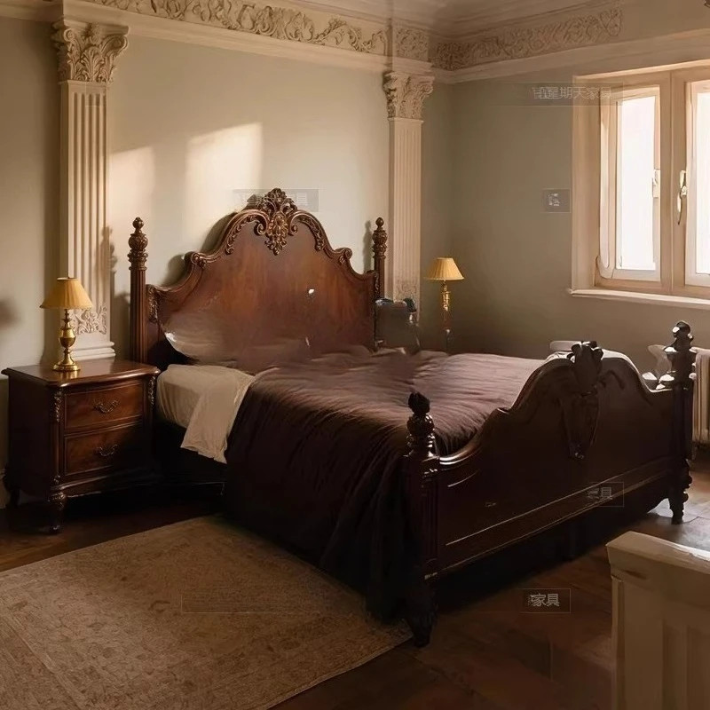 

American exquisite carved solid wood bed master bedroom retro double bed Roman column bed can be customized