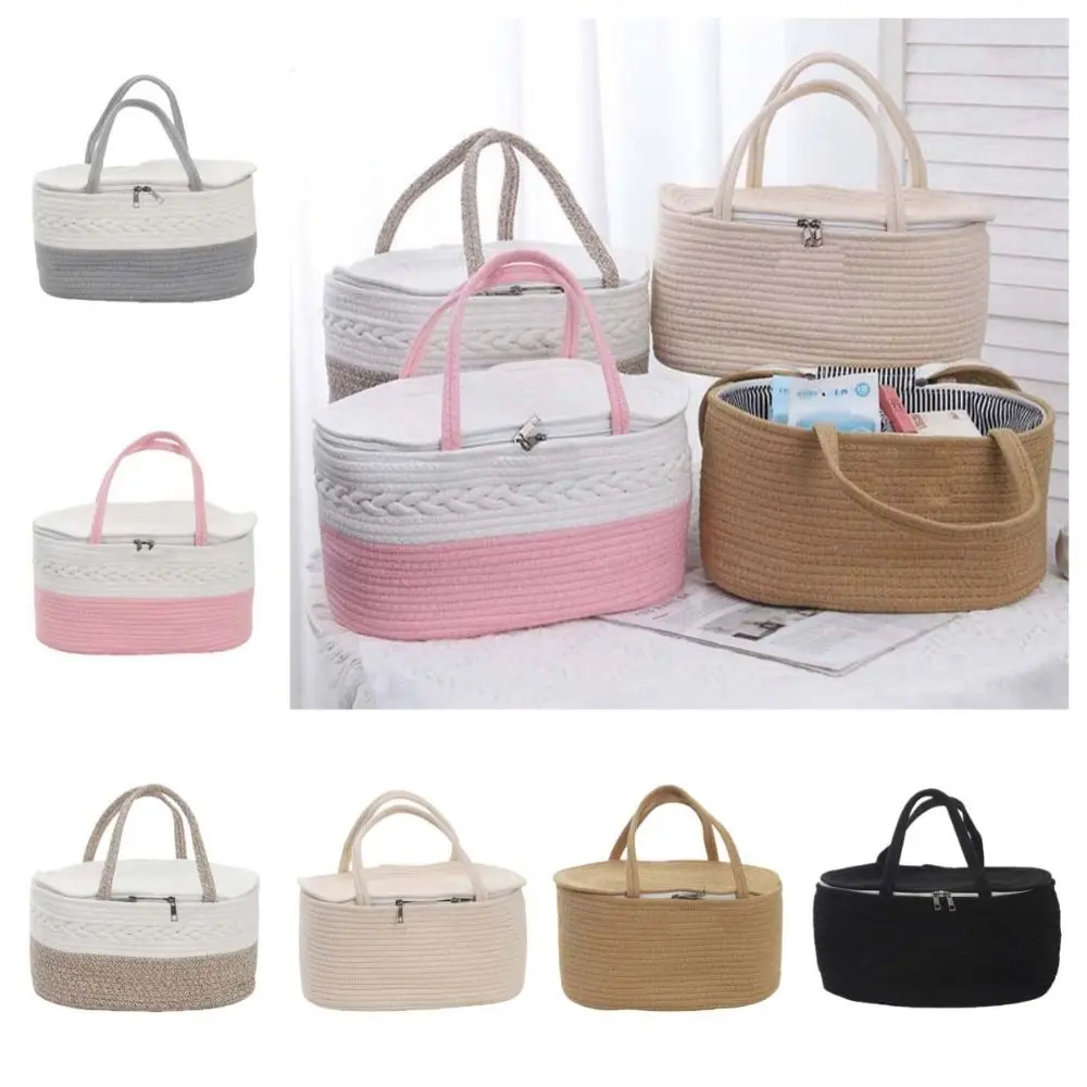 Cotton Thread Rope Mummy Handbag Divided Into Compartments Large Capacity Diaper Storage Basket for Diaper/Toy Storage Tote Bag