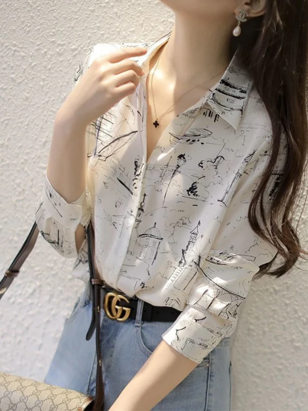 

Women's Chiffon irt Spring Autumn Loose Collar Print Long Sve Top French Sle Slimming Regular Thin Polyester