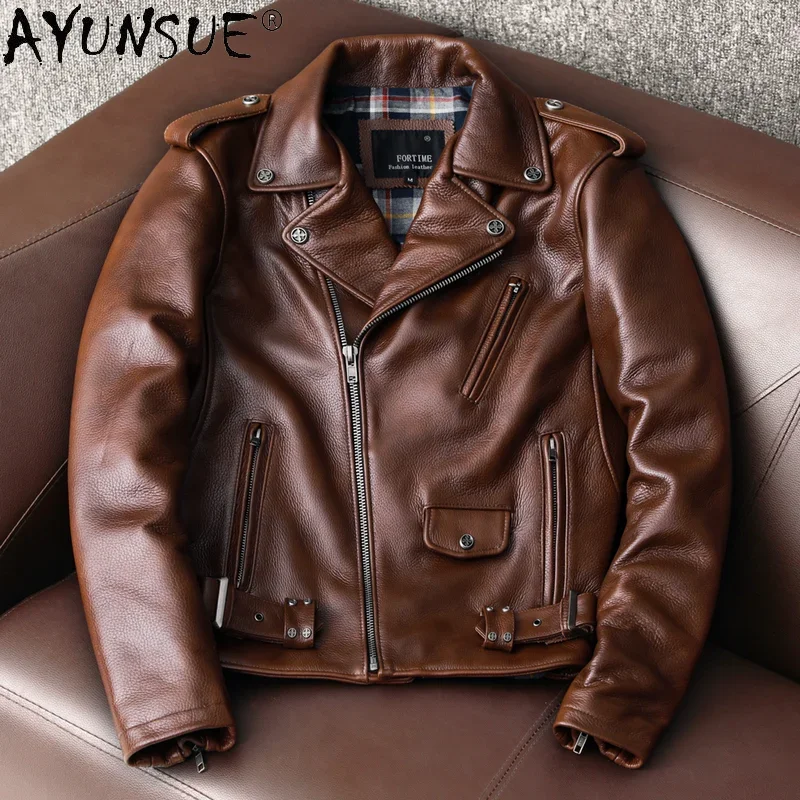 AYUNSUE Genuine Cow Leather Jacket Men Clothing Motorcycle Sheepskin Coat Autumn Spring Brown Biker Jacket for Men Style 2021 KJ