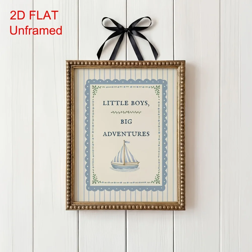 2027,2D FLAT 1pc Unframed Little Boys Big Adventures Nursery Quote Canvas Poster Cute Striped Sailboat Coastal Nautical Trend