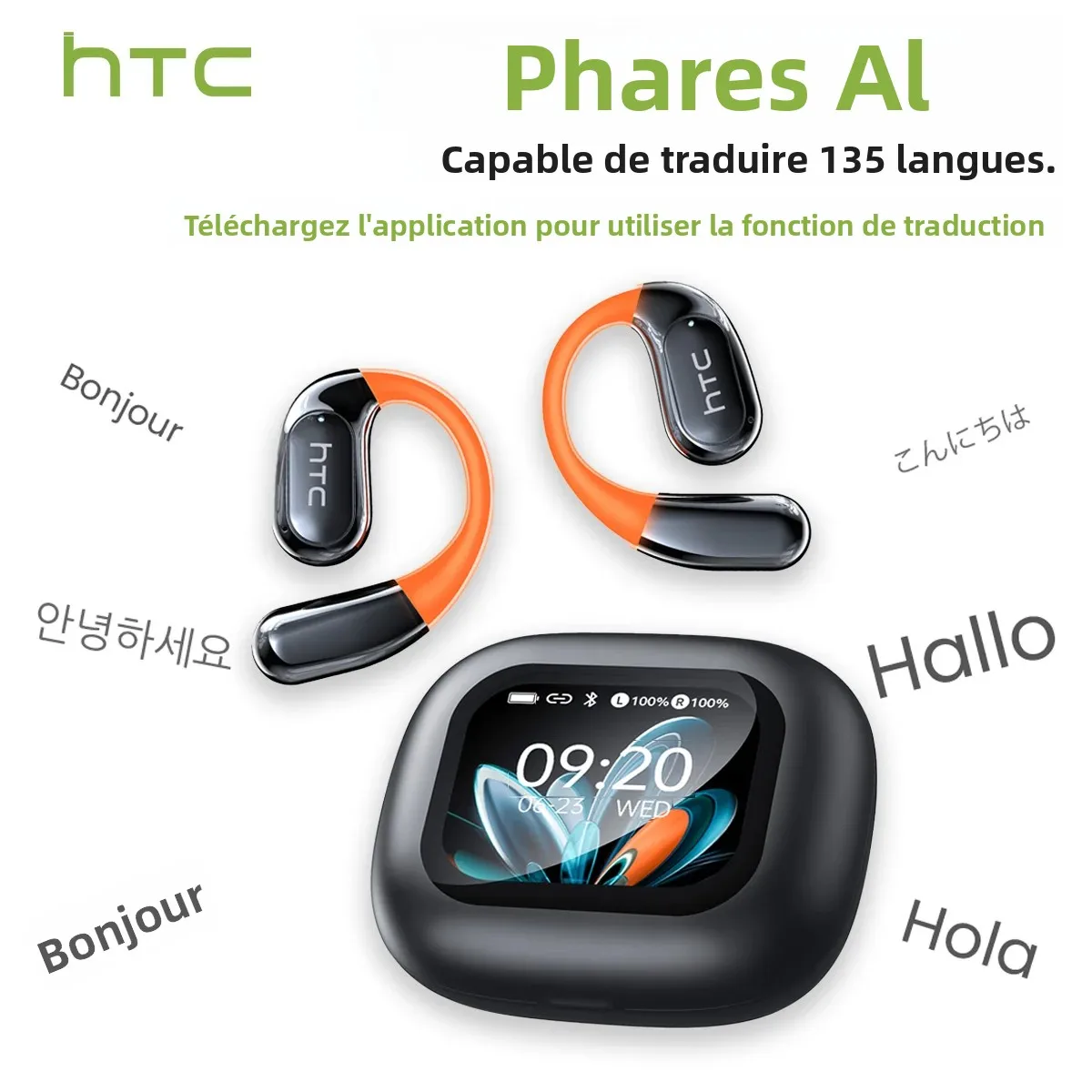 【HTC NE27】 Écouteurs Bluetooth AI OWS casque de sport écran LCD casque sans fil écouteurs de traduction de crochet d'oreille lumineux