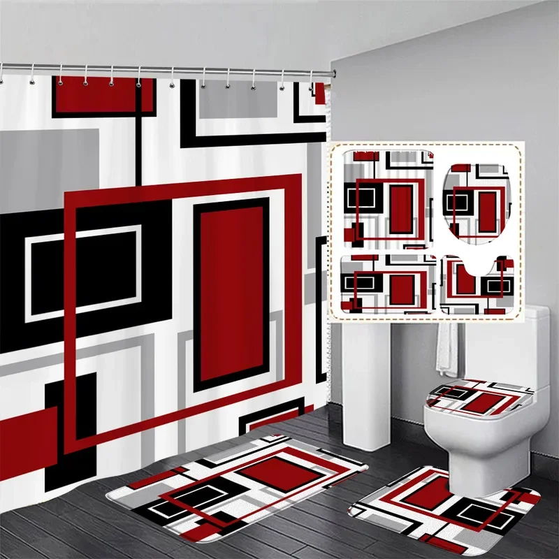 Creative Geometric Shower Curtain Set Red Black Grey Square Stripe Modern Home Bathroom Decoration Rug Bath Mat Toilet Member Co