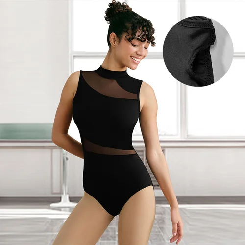 Imagen 2 del producto Leotardos de baile de Ballet sin mangas con cuello simulado para mujer, camisetas sin mangas de gimnasia para adultos con espalda hueca grande y ropa de baile con forro suave