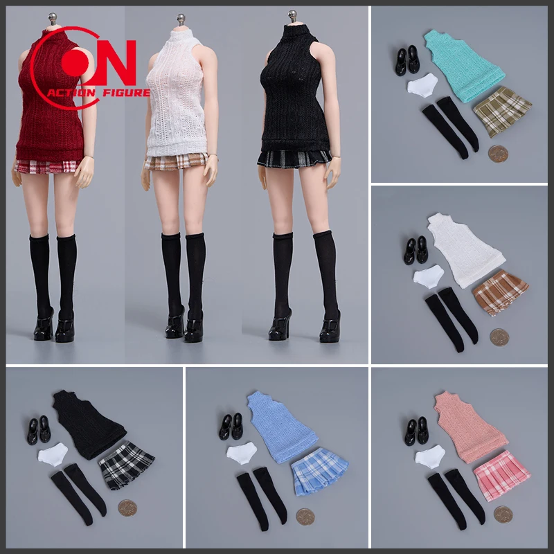 

cdtoys cd066 1/6 Scale High Necked Knitted Vest Sweet Pleated Skirt Student Set with Shoes Fit 12" Action Figure Body Model