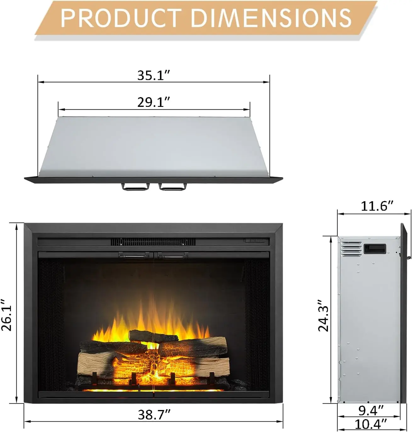 Puerta de cristal y pantalla de malla (EF265B), calentador de chimenea de 750/1500W, sonido agrietado de fuego, Control remoto