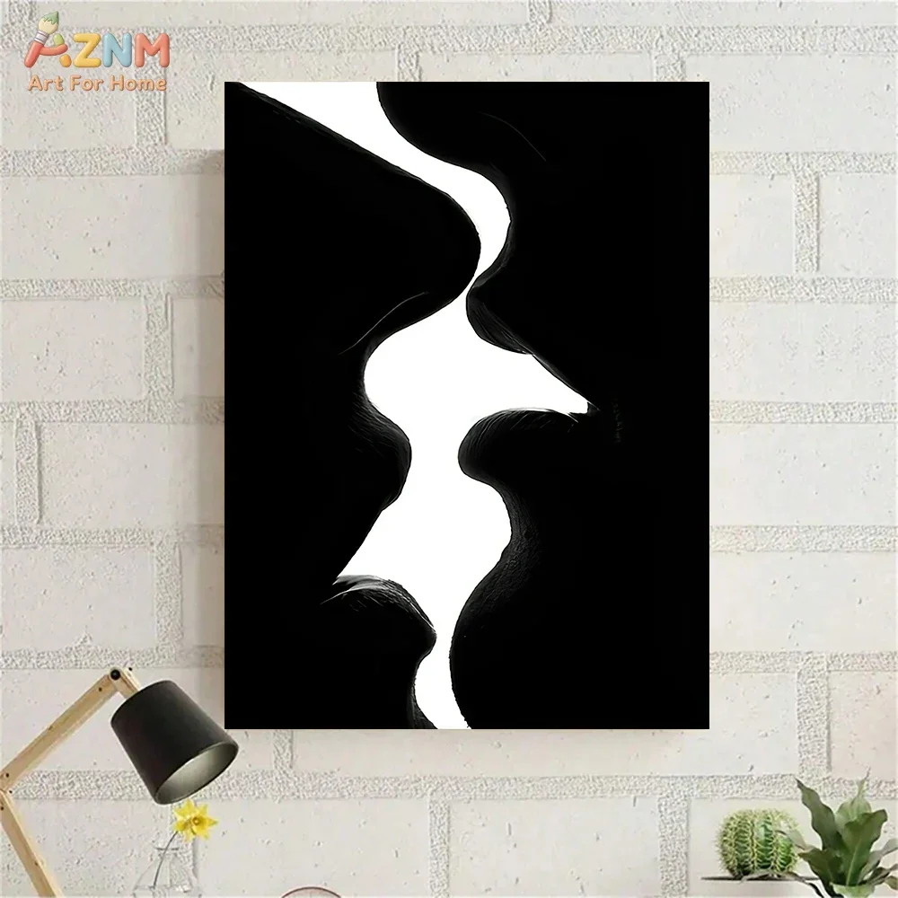 AZNM Black White Kiss Silhouette Canvas Print, Abstract Lovers Face Unframed Canvas Painting, Romantic Bedroom Wall Art Decor