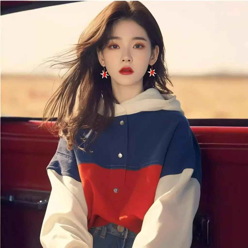 

Korean Style Early Autumn Top for Women Western Sense Loose Slimming Hooded Sweatshirt Contrast Color Stitching College Style