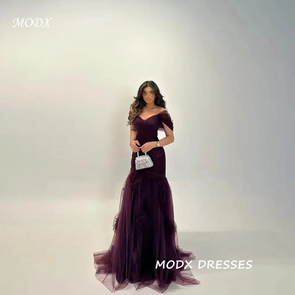 Vestido de Festa Sereia Roxo Personalizado MODX com Flores 3D e Ombro a Ombro, Tule Plissado Elegante Vestidos de Noiva e Baile 2026