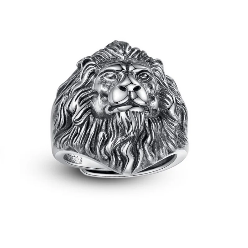 26mm Width Real S925 Sterling Silver Retro Hand-made Majestic Lion Head King Men Male Open Ring Fine Jewelry