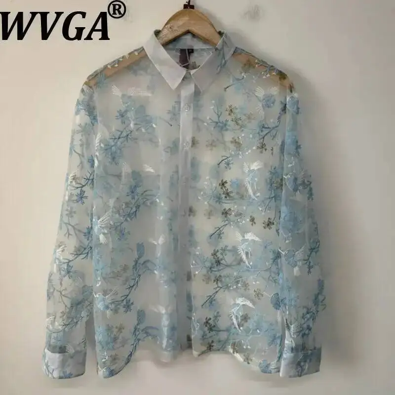 

WVGA Summer New Man Chinese Style Heavy Embroidery Sheer Mesh Trendy Long Sleeve Shirt Niche Casual Turn-Down Collar Tops W22910