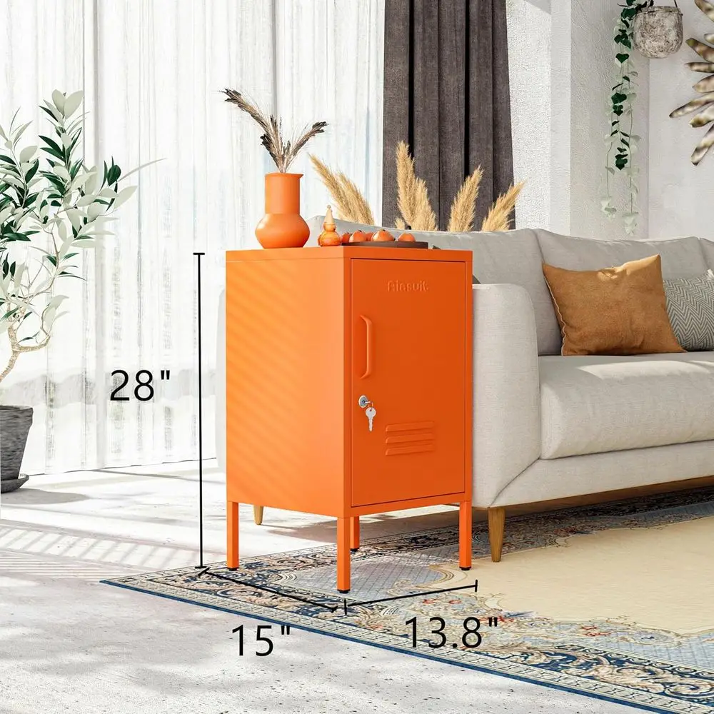 Single Door Lockable Metal End Table with Storage Cabinet, 2-Tier Children's Nightstand with Adjustable Shel, Easy Assembly Side view 3