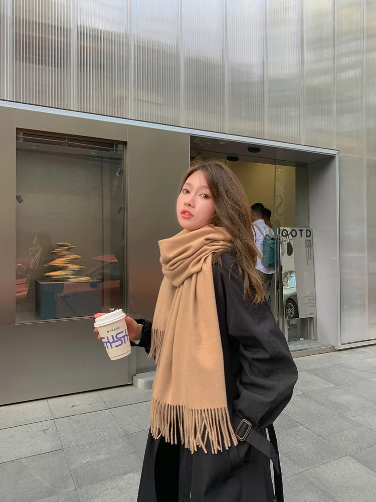 Solid Color Winter Warm Scarf with Extended Tassel for Men And Women Thick Beard Friendly Soft Fabric One Size Fits Most