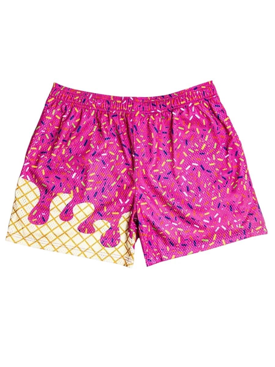 

Strawberry Ice Cream Sprinkle Pattern Mesh Shorts For Men — Lightweight Quick-Dry Sportswear For Gym, Running, Casual Wear