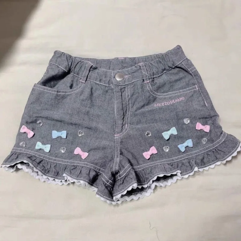 

HOUZHOU Gray Kawaii Bow Denim Shorts Women Y2k Cutecore Ruffles Patchwork High Waist Japanese Style Jorts Baggy Sweet Aesthetic