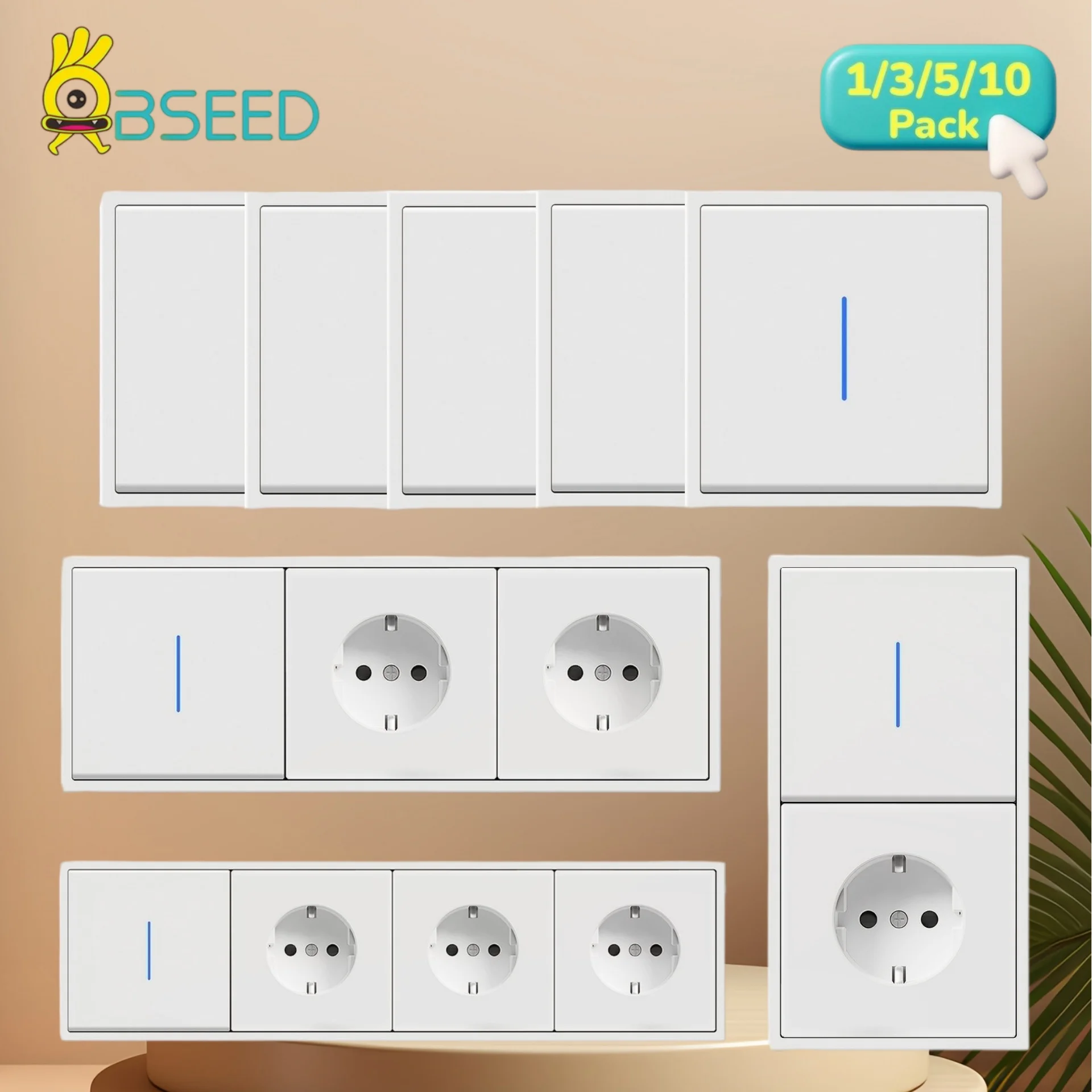 BSEED 16A Wall Power Sockets EU Large Button Switch Wall LED Light Switches White Home 1Gang 1Way Switches E-Series